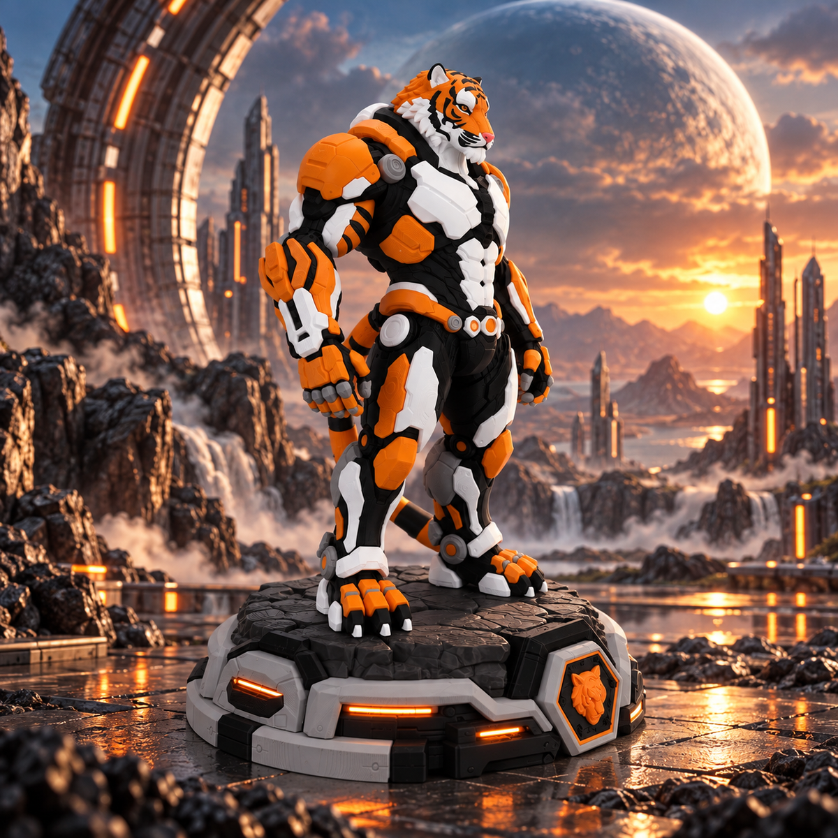 Tigron Nova Warrior orange mechanical tiger display figure in futuristic sci-fi setting
