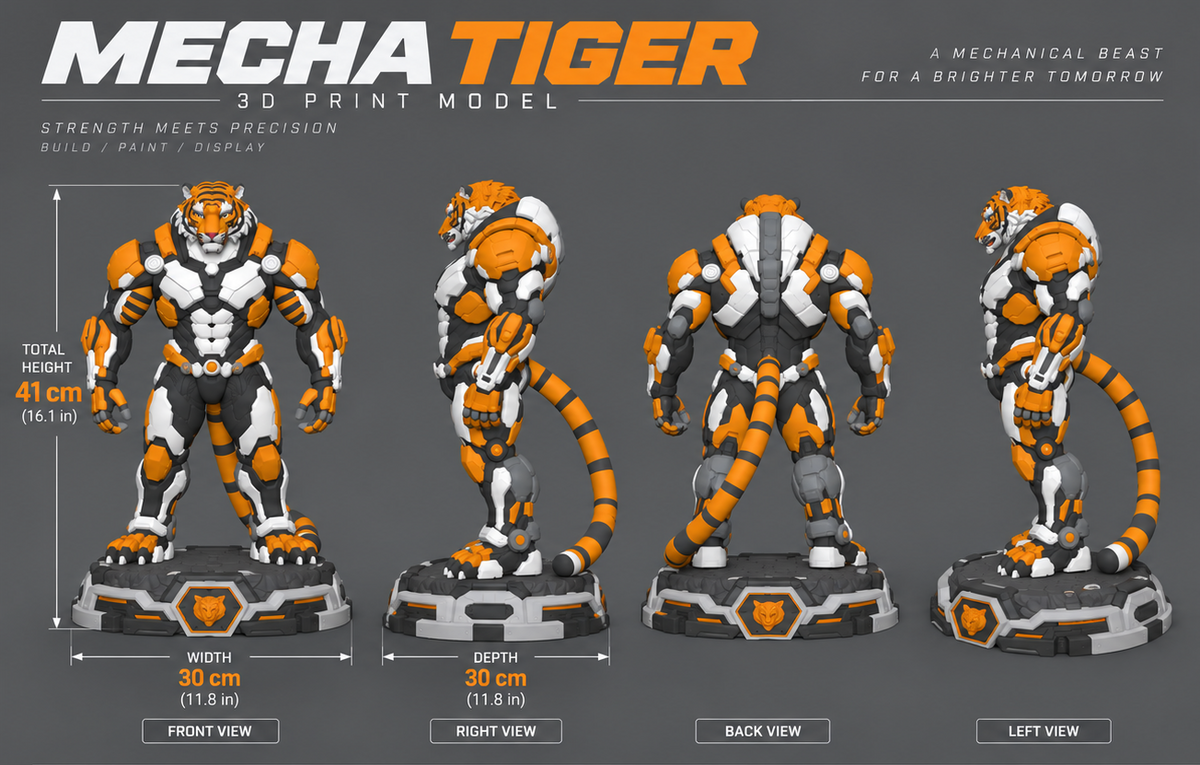 Tigron Mecha Tiger 16.1-inch display figure shown from front, side and back with dimensions