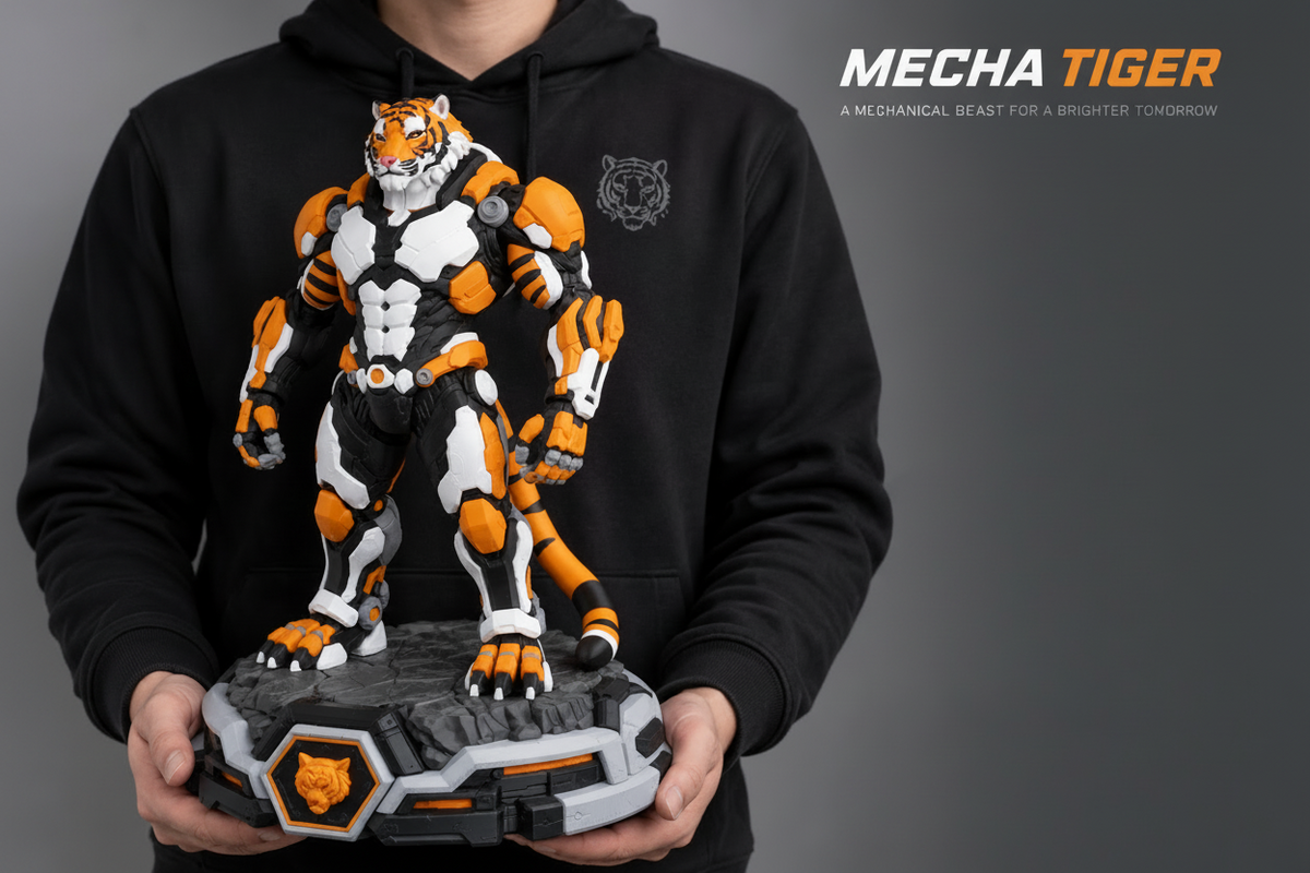 Tigron Mecha Tiger 16-inch 3D printed display figure shown being held for size reference