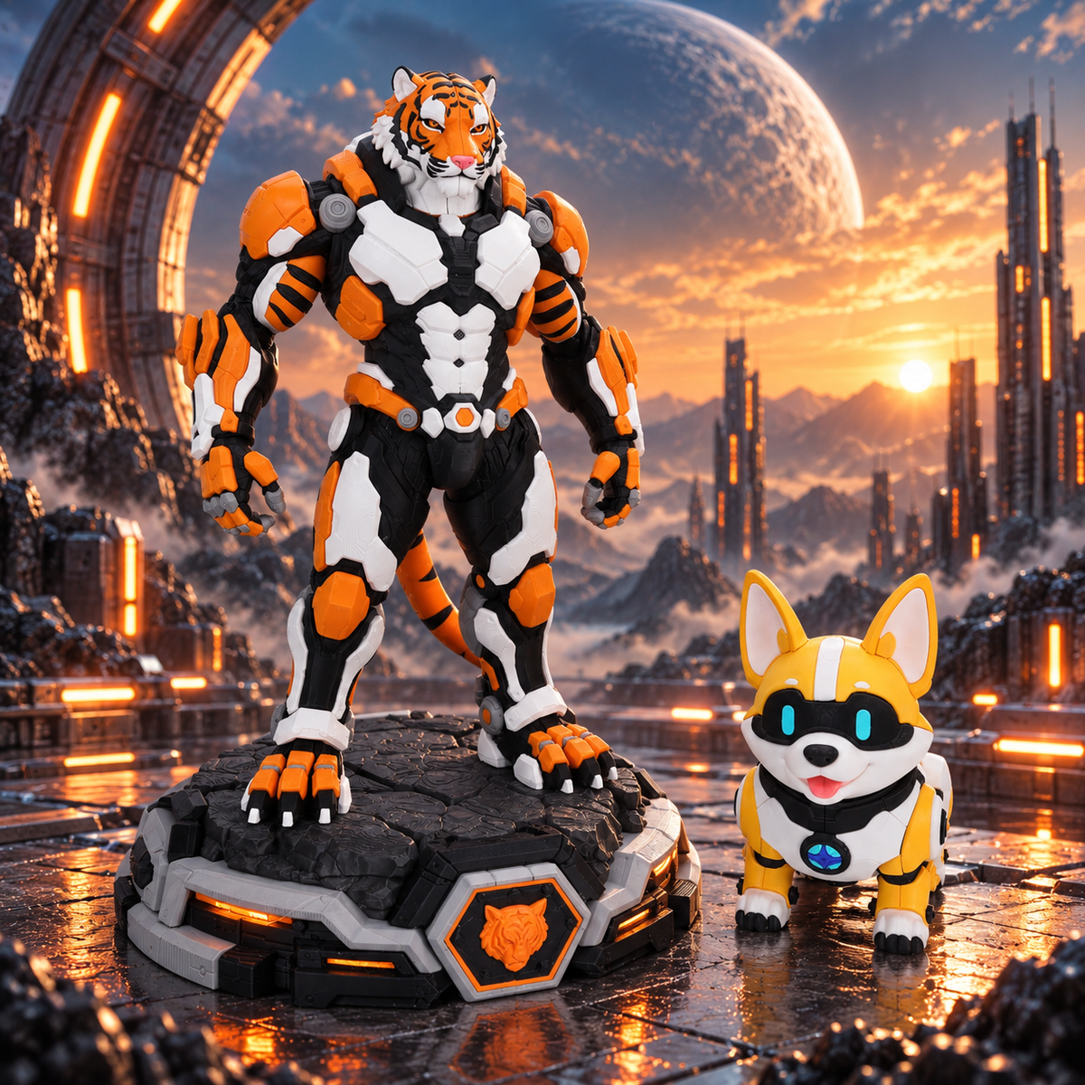 Tigron Mecha Tiger orange and black display figure with futuristic companion in sci-fi setting