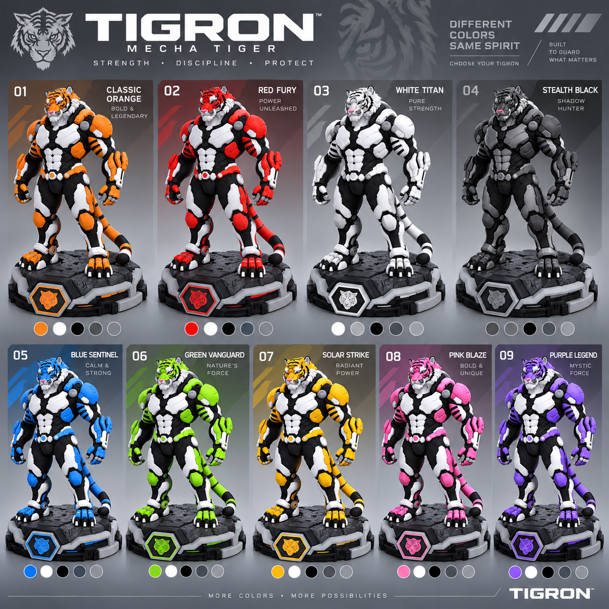 Tigron Mecha Tiger nine color choices including Classic Orange, Red Fury, White Titan and Purple Legend