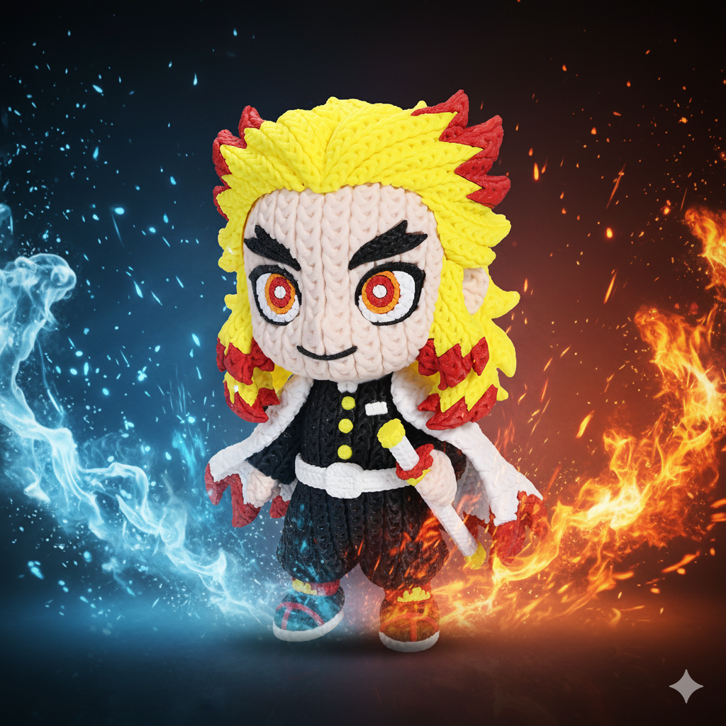 Flame Warrior knitted-style anime-inspired 3D printed figure - Side