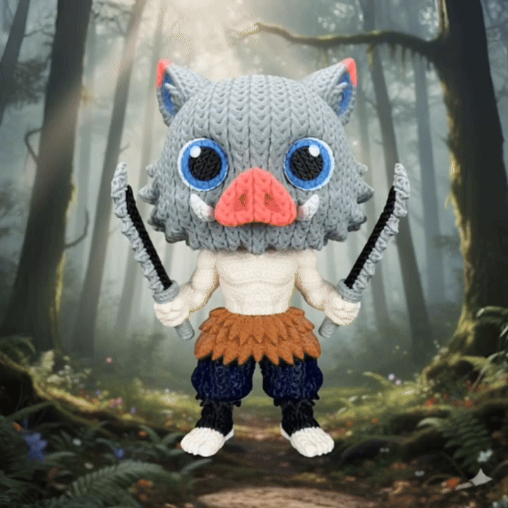 Boar Mask Fighter knitted-style anime-inspired 3D printed figure - video