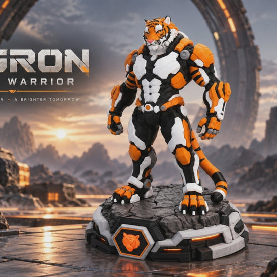 Tigron Nova Warrior mechanical tiger display figure shown in an animated sci-fi scene